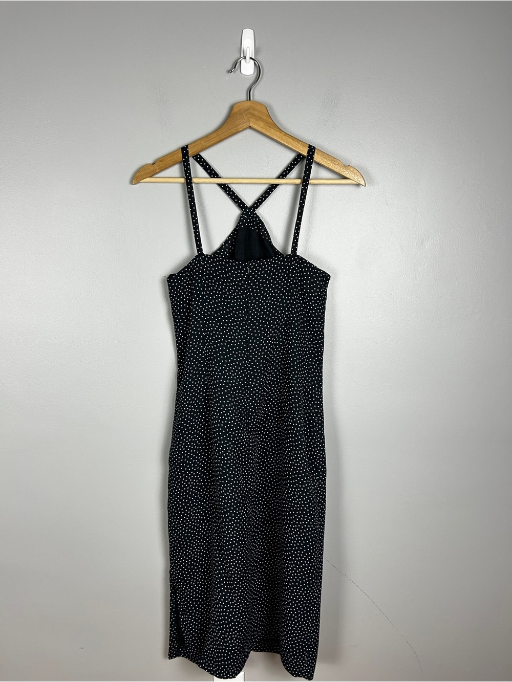Vintage 90s Navy Blue Micro Polka Dot Midi Dress Small Cocktail Party Chic Paris - Picture 4 of 5